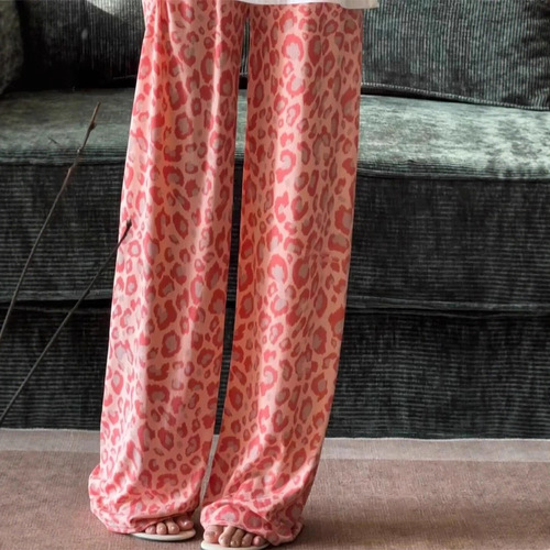 Pink Leopard Print Cool Pants Summer Print Wide Leg Pants Women High-Waisted Thin Version Loose Drape Floor-Length Strolling Pants