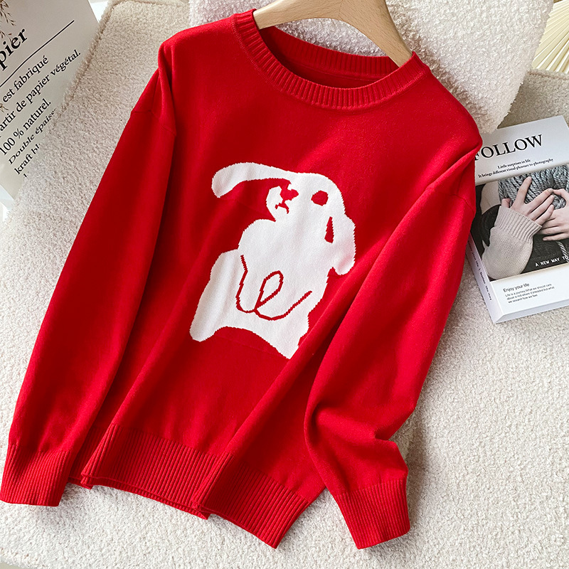 2022 Autumn and winter Ladies Sweater T-shirts Year of fate gules rabbit Jacquard weave Base coat Easy Large sweater