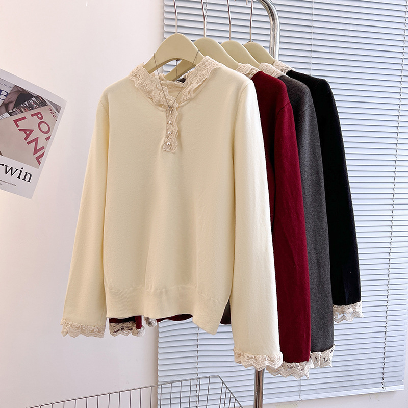 White lace cap stitching long sleeve sweater coat autumn and winter new design sense fake two-piece sweater coat wholesale