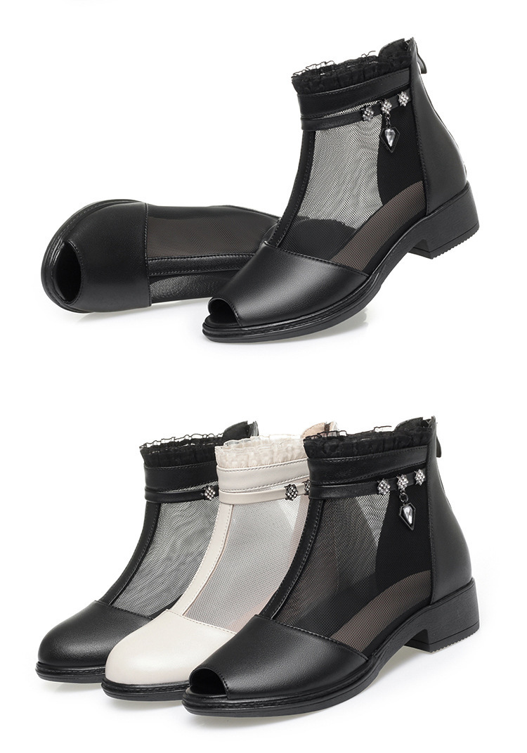 Boot lưới da thật cổ thấp gót giữa cho nữ — Trắng be (kiểu bao đầu) chi tiết 18