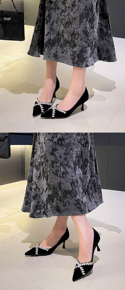 Giày cao gót nữ mũi nhọn gót mảnh 6–8 cm trang trí hoa và đá gắn, chất liệu cashmere — màu nâu, màu đen chi tiết 8
