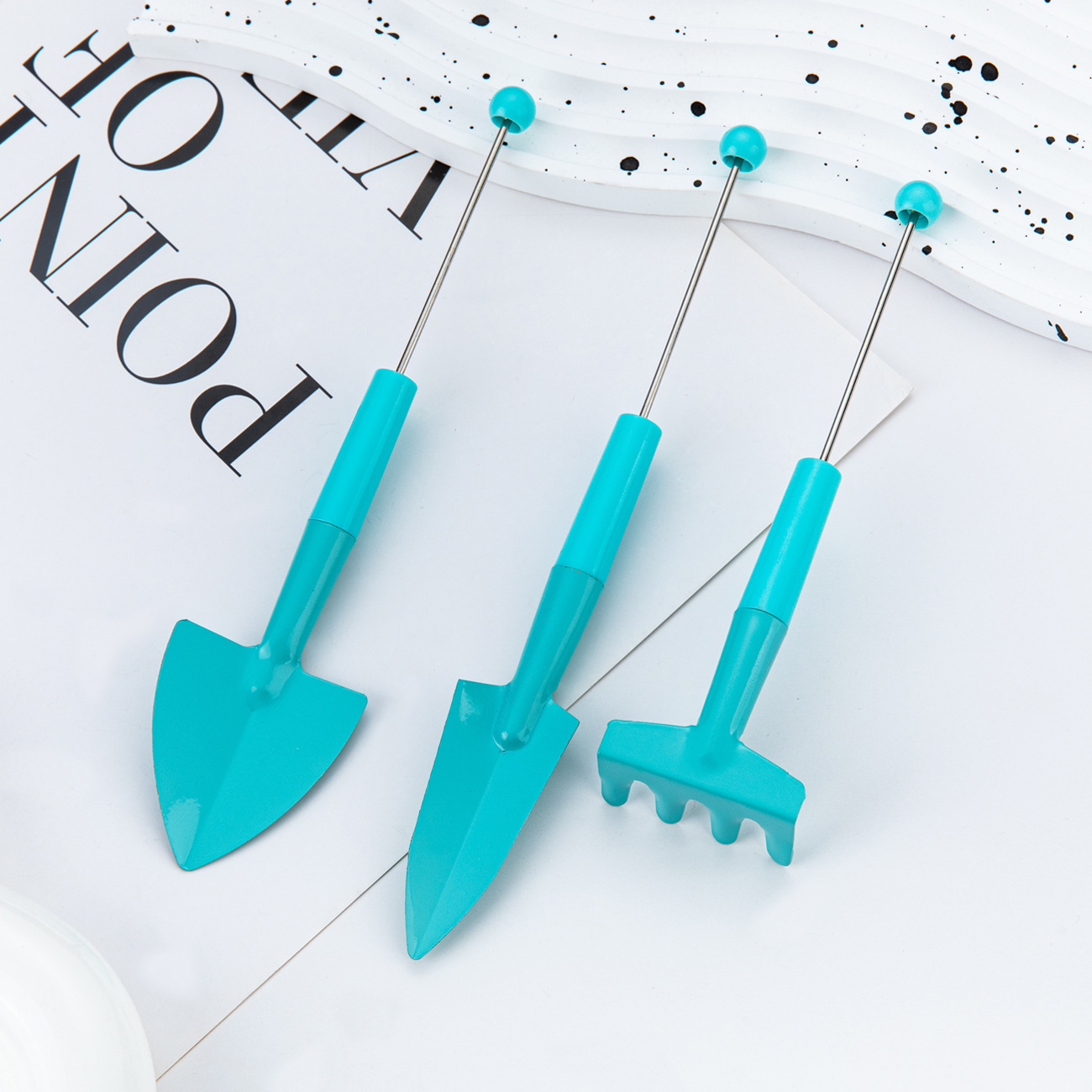 DIY cuentas herramientas de jardinería set de tres piezas rastrillo flor plantación de flores carnosas pequeñas herramientas de pala pequeña pala maceta