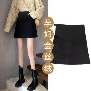 Real shot Tmall quality pregnant women autumn and winter golden velvet vintage skirt high waist simple hip pregnant women A short skirt