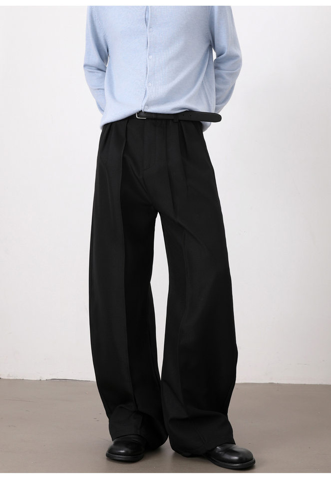 Quần tây nam dáng rộng ống suông xếp ly đôi, lưng cao, vải rủ, quần dài casual — màu xám, màu đen chi tiết 10