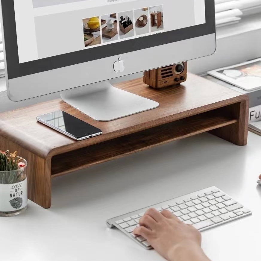 Walnut desktop computer elevated monitor desktop raised solid wood bracket base organizing sundry storage rack