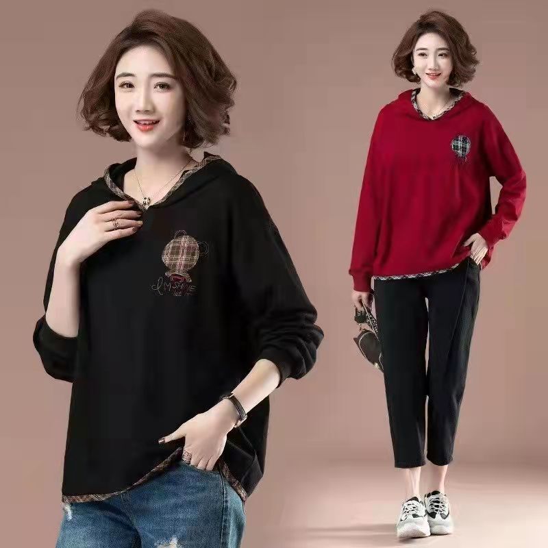 Age-reducing loose slimming spring and autumn thin hooded women's sweater Western style plus size plus size women's Korean-style elegant long-sleeved top