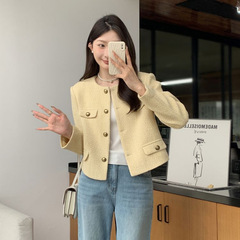 2025新款小香风外套女春秋法式小个子西服百搭黄色毛呢夹克上衣