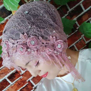 Rhinestone Flower New Women's Gauze Scarf Hijab Handmade Tassel Convenient Pullover Fast Popular European Retro Hat Beaded