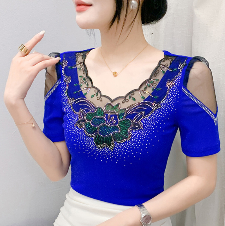 Estación europea ropa de mujer al por mayor industria pesada diamante caliente flor malla top manga abullonada azul sin tirantes temperamento camisa ligera de lujo