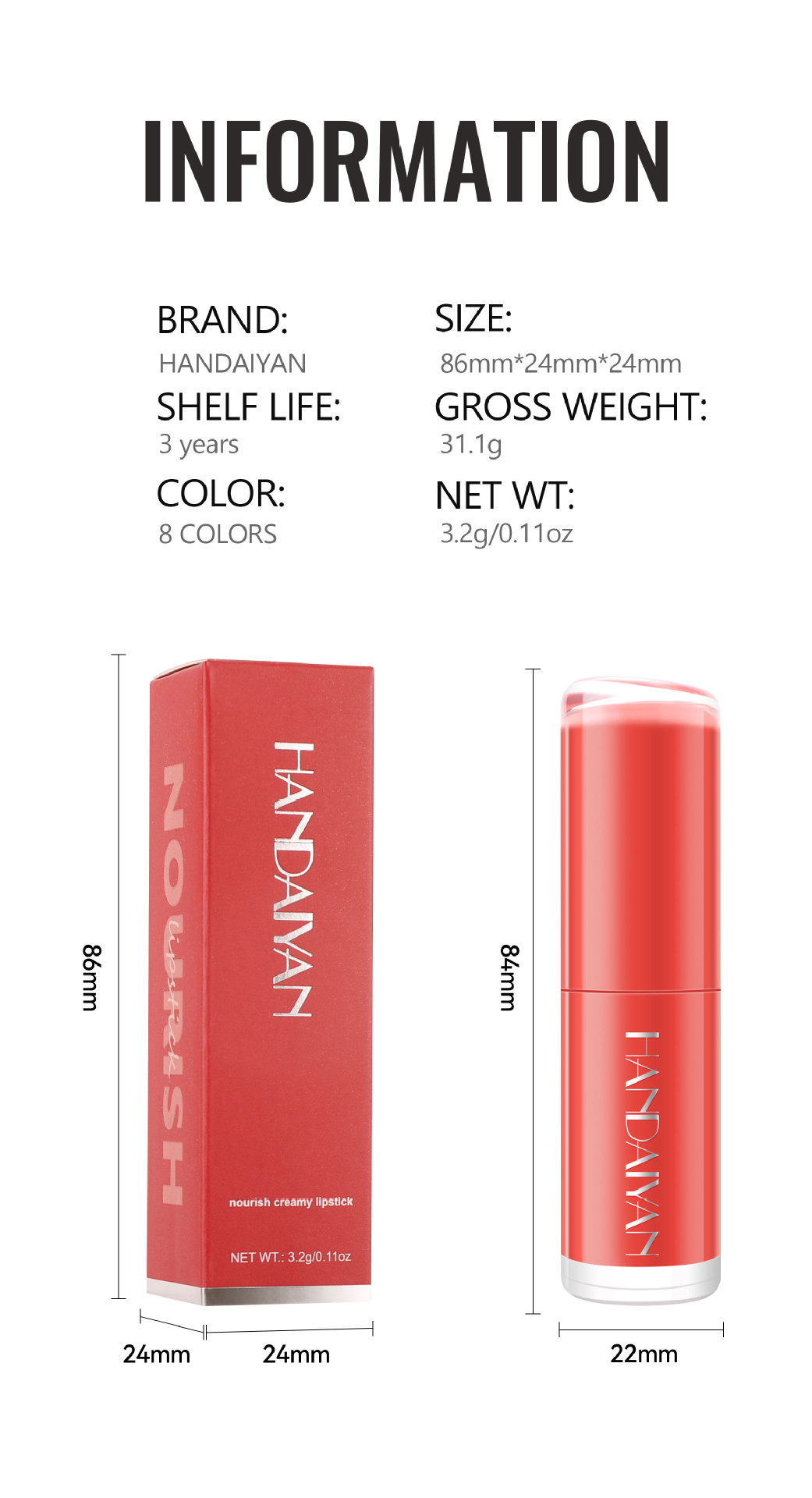 Cross-border waterproof and moisturizing Lipstick HANDAIYAN velvet lipstick enhances complexion. 8-color natural moisturizing lipstick in stock undefined
