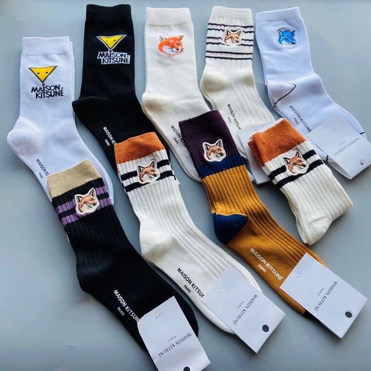 New MAISONKITSUNE Double Needle Color-block Embroidered Socks French Little Fox Men and Women Socks Fashionable Socks Casual