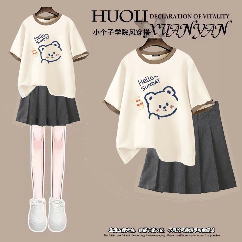 カレッジスタイルの夏万能スイートプリントラウンドネック半袖Tシャツ小柄ハイウエスト着痩せプリーツスカート2点セット|undefined