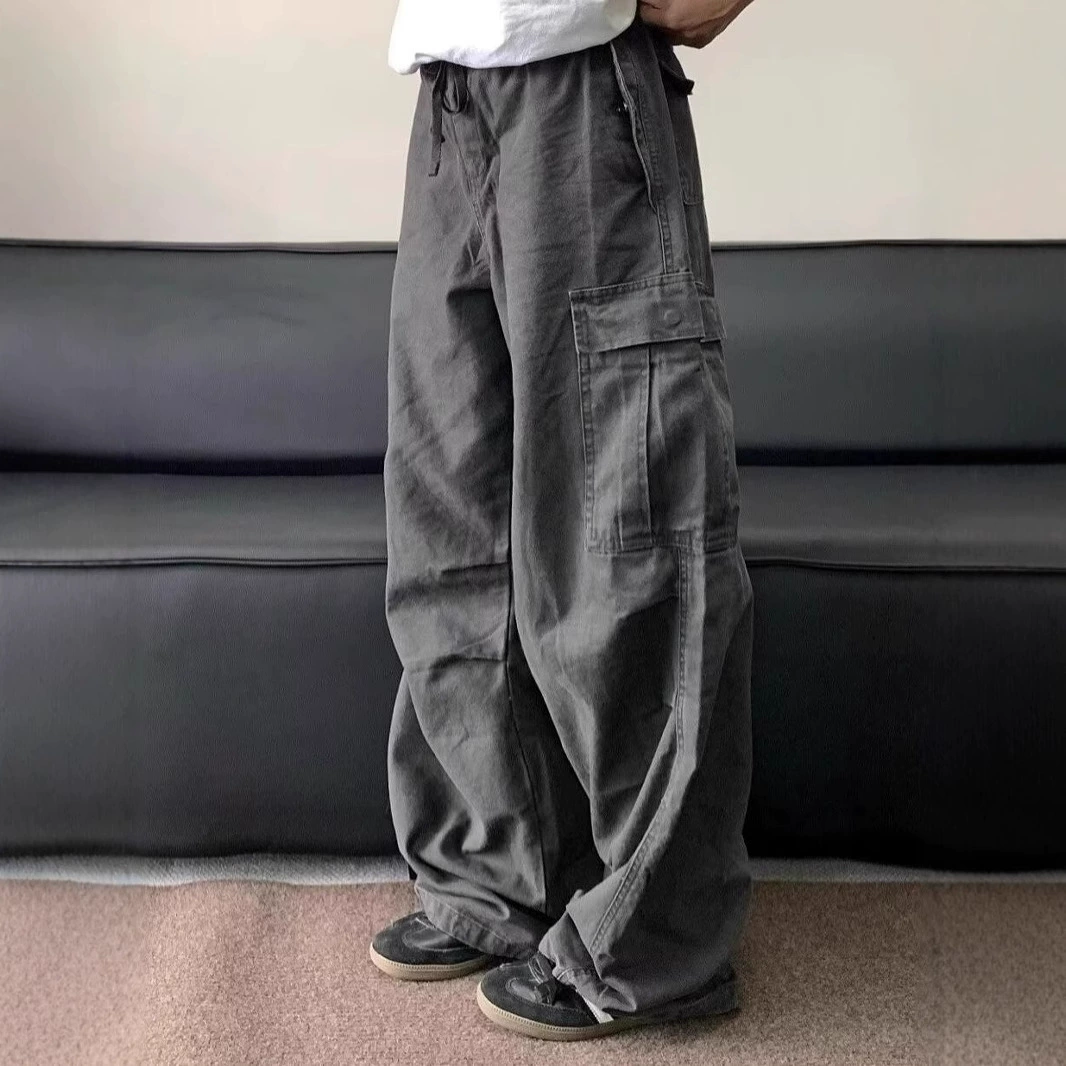 Американские ретро многокарманные стирание комбинезоны мужские уличные зимние шнурки с плиссированными зонтиками свободные широкие брюки