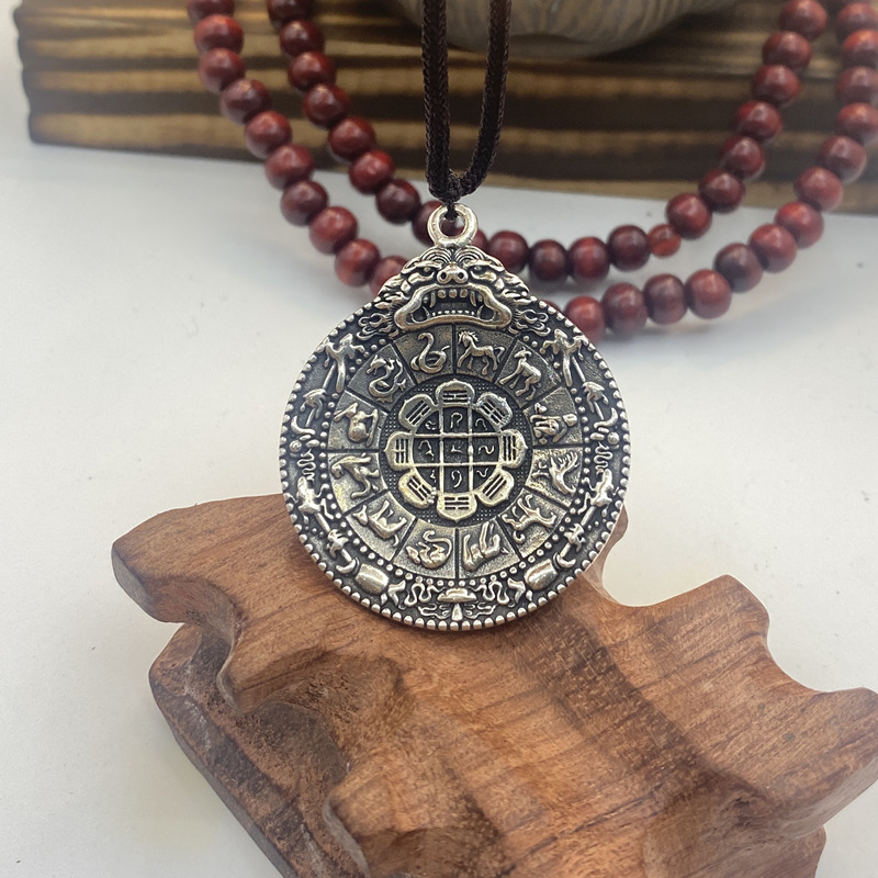 Sterling silver retro twelve Zodiac nine palace gossip pendant Thai silver personality chain retro fashion pendant men and women jewelry