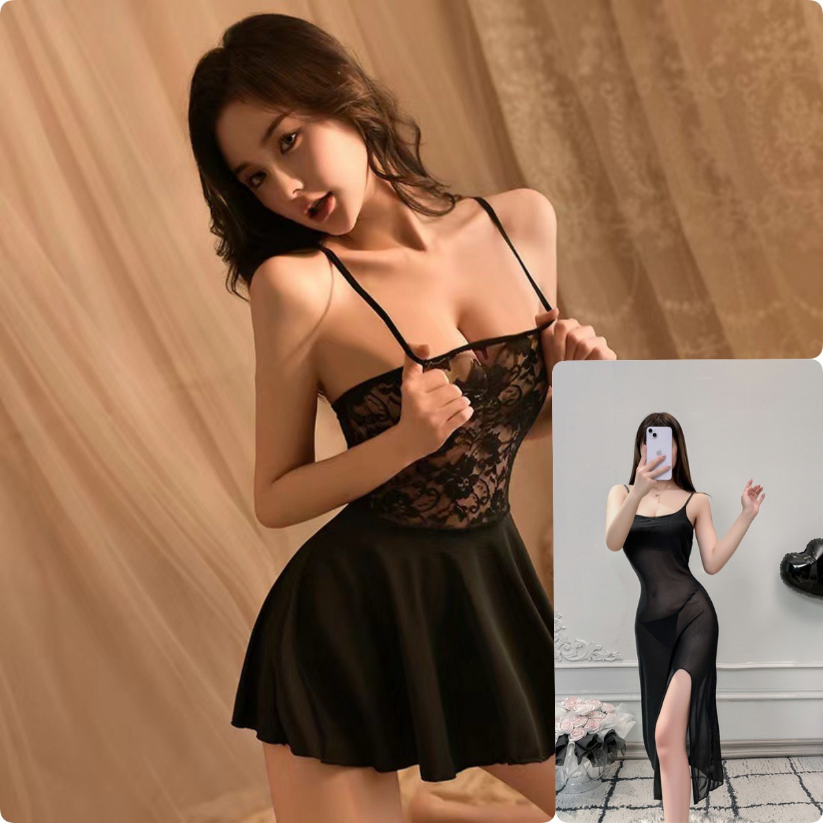 화이트 레이스 시스루 서스펜더 스커트 + 서스펜더 시스루 나이트가운