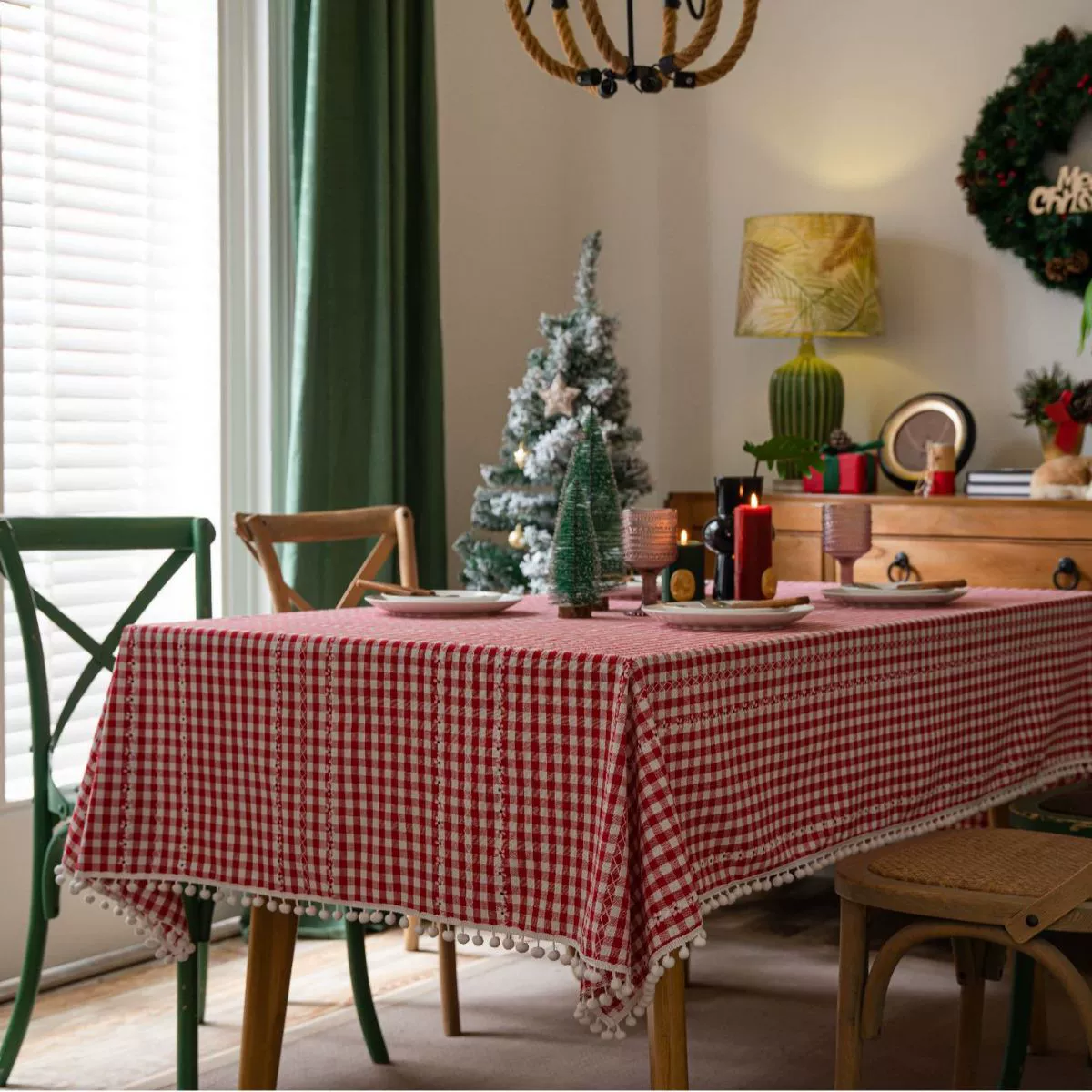 Rectangular tablecloth, cotton‑linen, dustproof red checkered decorative table mat, multiple sizes