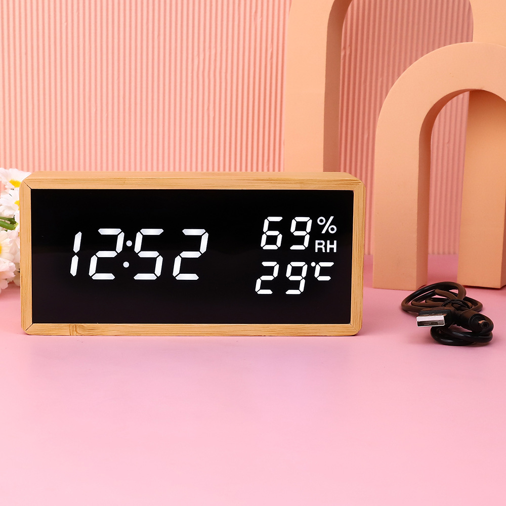 Bamboo Wood Led Bedroom Digital Alarm Clock Smart Student Kidsren Desktop Charging Desktop Clock Temperature and Humidity Meter Batch