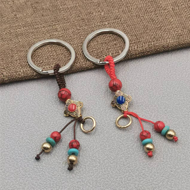 古风黄铜钥匙扣半成品挂件手工编织仿松石珠铜珠网店景区地摊货源