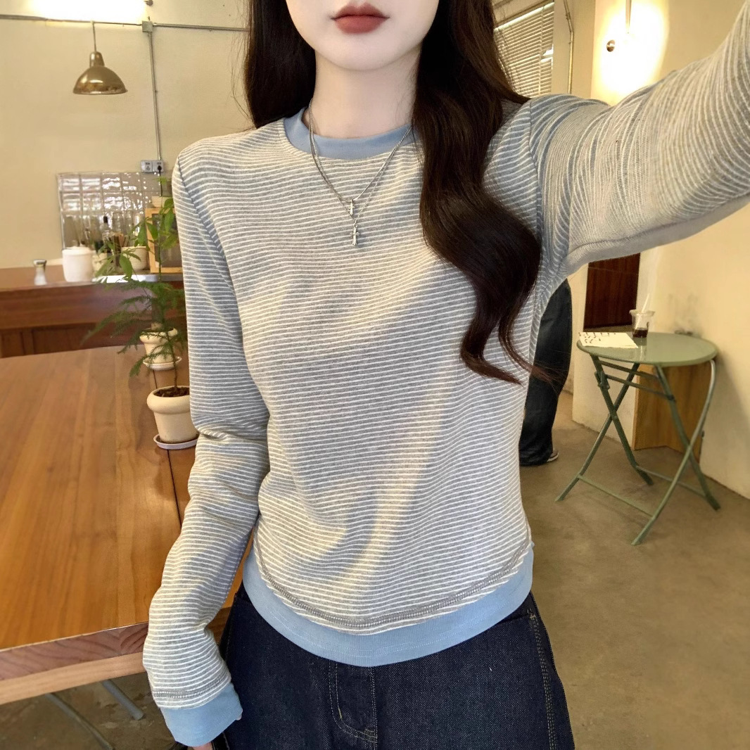实拍螺纹条纹长袖T恤女装2025秋季薄款潮撞色修身打底衫圆领上衣