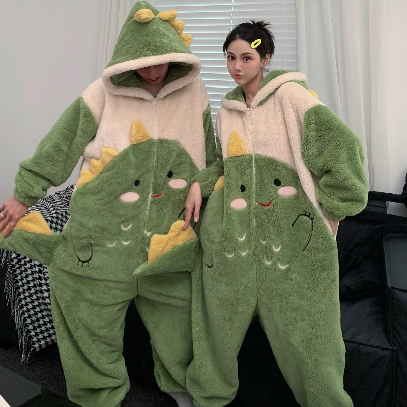 ワンピースのカップルのパジャマの女性の珊瑚の絨毯は厚いです。秋冬の男性のファスナーのフランネルの家の服は一体になります。|undefined