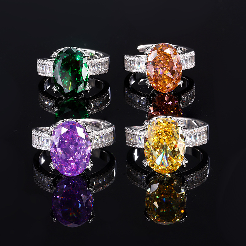 2024 nueva joyería Zhuang Shengsheng, fondo de cobre chapado en oro, diamante de alto carbono, flor de hielo, huevo de paloma cortado, anillo de temperamento femenino 10*14