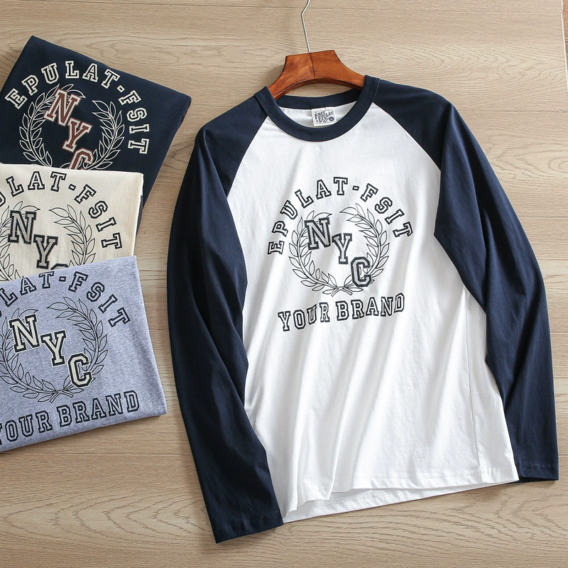 Гонконгские одноцветные рукава с модным цветом 100 хлопчатобумажная футболка с длинными рукавами для мужчин повседневный американский весенний и осенний топ с принтом