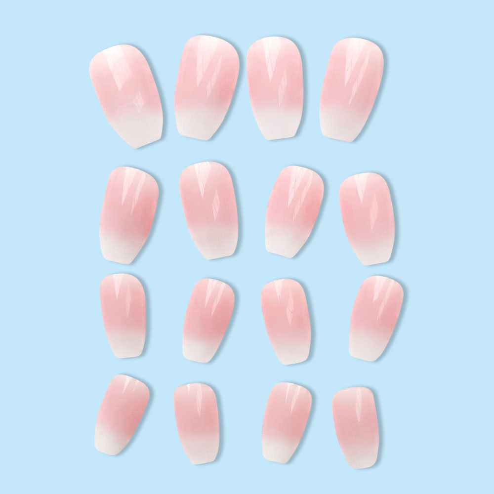Uñas postizas europeas y americanas más vendidas, pegatinas de uñas estilo niña, suaves y dulces, puntas de uñas con diseño de cuadros blancos degradados transparentes como el hielo. image 5