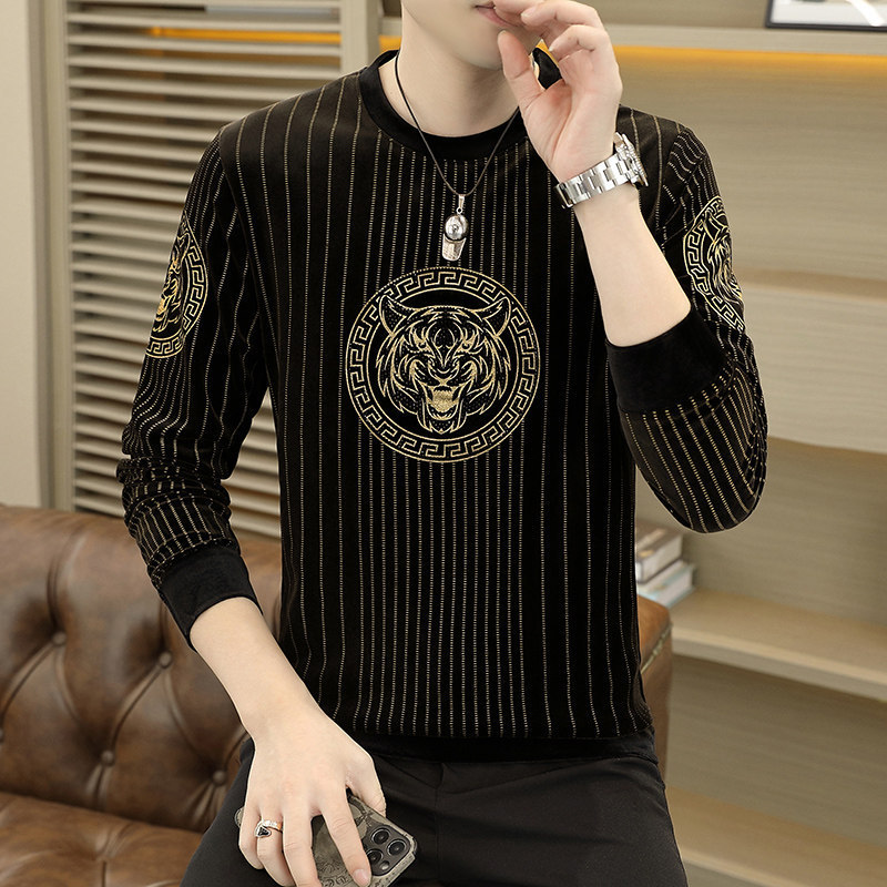 Autumn and winter European style sunshine gold velvet trend European goods sweater men's fashion casual handsome all-match tiger head top