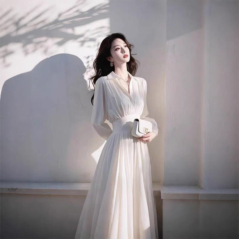 2025 early spring unique beautiful French waist professional dress high-end small style white long sleeve shirt dress