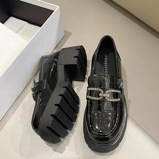 Woodpecker Thick-Soled Loafers for Women 2025 Spring New Shoes Black Small Leather Shoes Round Toe Lightweight Loafers Square Toe