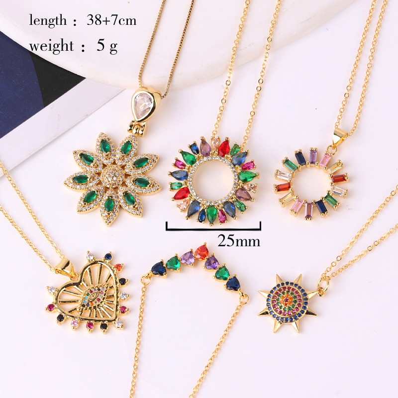 Fashion Devilu0027S Eye Heart Shape Flower Copper Gold Plated Inlay Zircon Pendant Necklace