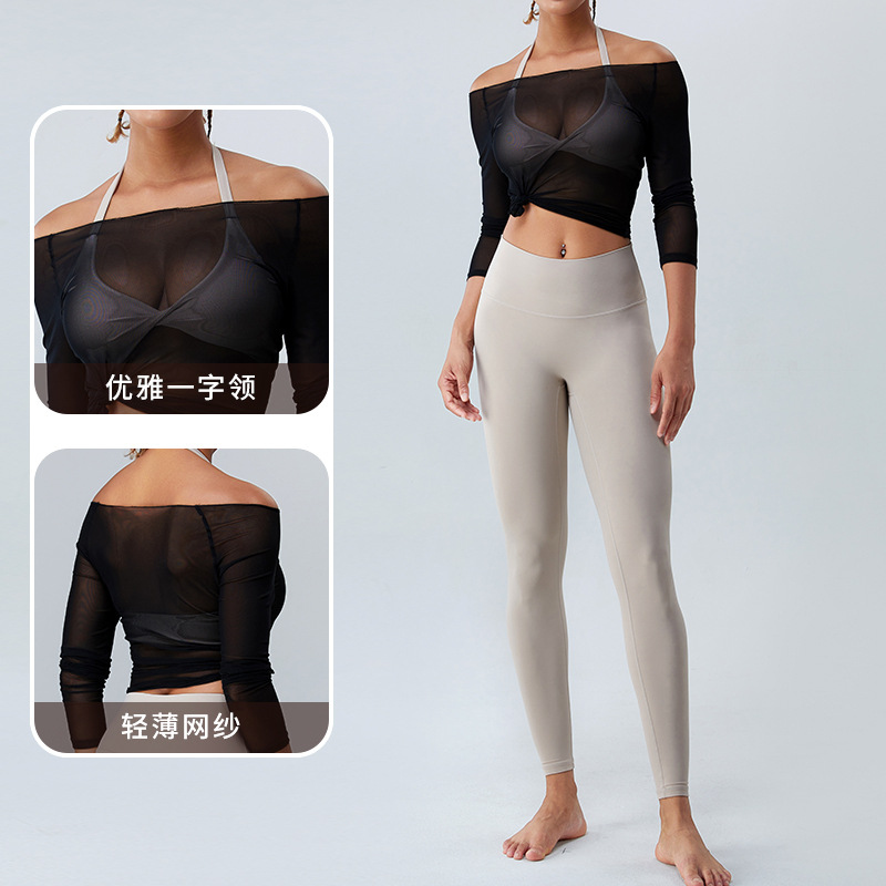 Nueva blusa de yoga sexy transfronteriza para mujer ligera malla de secado rápido deportes Camiseta de manga larga running fitness top