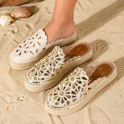 High-Quality Fisherman's Shoes for Women, Cap-Toe Slip-Ons with Fairy Style, Summer Outwear, Lattice Flower Design, Breathable Linen, Thick Sole Fisherman's Shoes