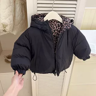 儿童两面穿豹纹棉服冬2026男女童保暖连帽厚外套加厚棉袄
