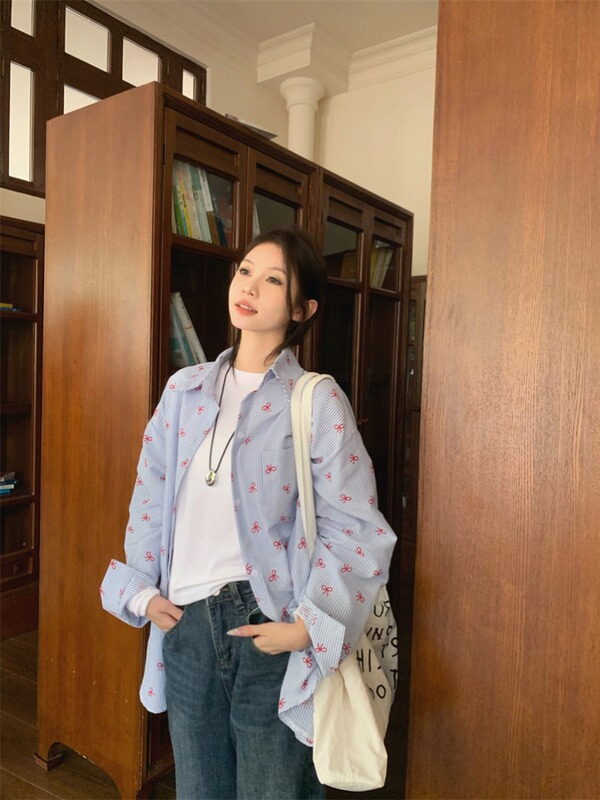 休闲蝴蝶结印花蓝色条纹衬衫女装秋季韩系衬衣休闲宽松中长款外套|undefined