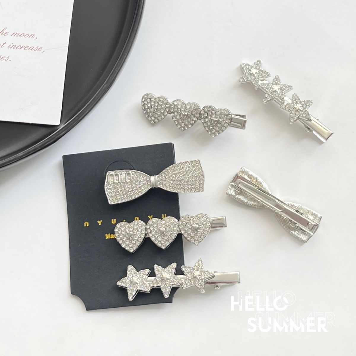 Full diamond mini bow star heart edge clip for girls, sweet y2k trendy hair clip with sparkling water-cut crystal hair accessory