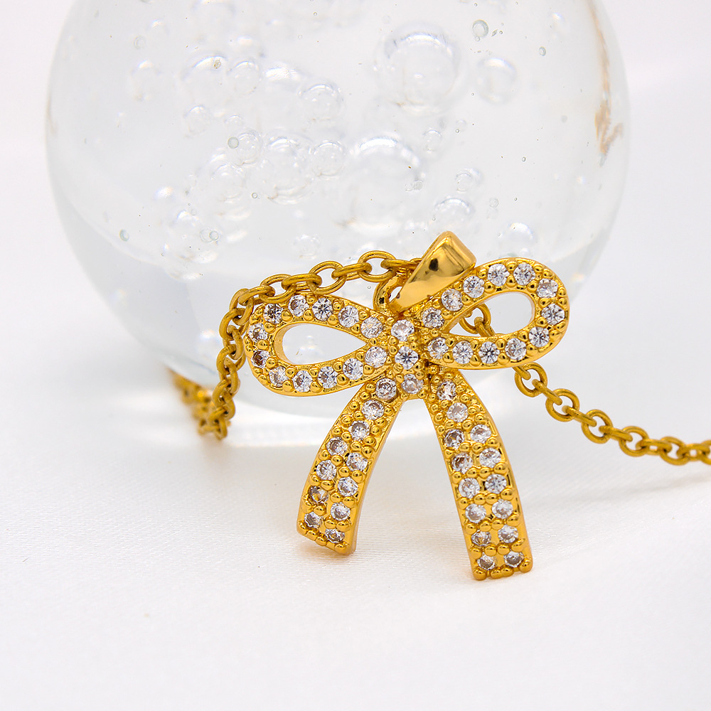 Simple Style Bow Knot Stainless Steel Inlay Zircon Pendant Necklace 1 Piece