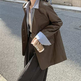 衬衫领假两件皮衣外套女春秋新款美拉德港风流行皮西装夹克