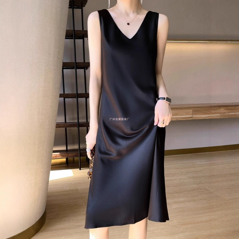 High-End Hepburn Little Black Dress Spring and Summer Suspender Dress Women's Sleeveless Satin Mid-Length Pure Color Inner Long Skirt