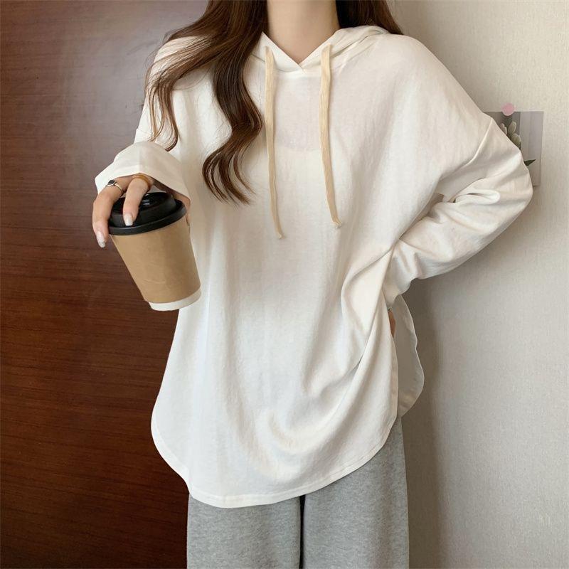大码女装胖mm设计感连帽长袖t恤春秋韩版宽松显瘦打底衫上衣200斤|undefined