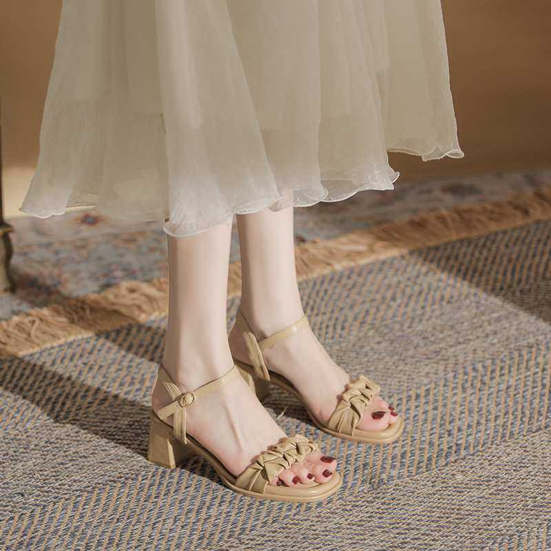 Jinye Cg5502 French One-Line Thick Heel Sandals for Women 2024 Summer New Fairy Style Pleated High Heels