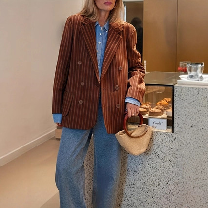 Cross-Border Women's Clothing 2025 Spring and Autum New European and American Style Fashionable Loose Stripesd Retro Suit Jacket Tops Cross-Border Women's Clothing 2025 Spring and Autum New European and American Style Fashionable Loose Stripesd Retro Suit Jacket Tops