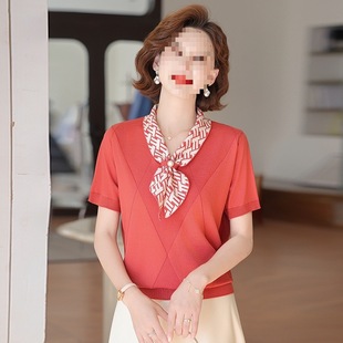 50-Year-Old T-Shirt Fashion Middle-Aged Women's Clothing Age-Reducing Short-Sleeved Tops Western-Style Suits Small Shirts Ice Silk Mother's Clothing Summer