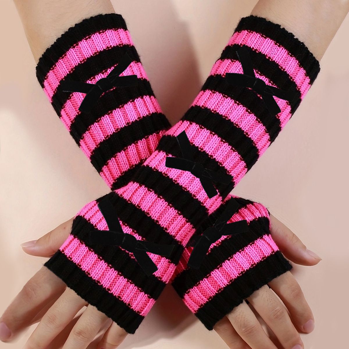 Cross-Border Striped Knitted Arm Sleeves, Mid-Length Fingerless Women's Warm and Fashionable Knitted Arm Sleeves, Long Gloves