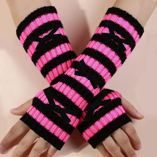 Cross-Border Striped Knitted Arm Sleeves, Mid-Length Fingerless Women's Warm and Fashionable Knitted Arm Sleeves, Long Gloves