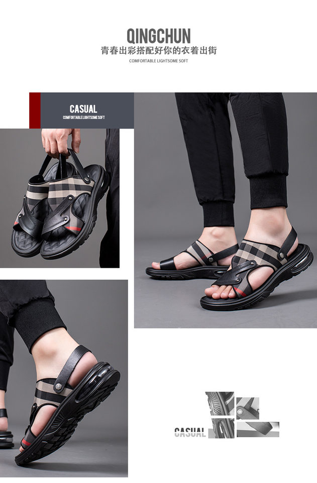 Dép sandal nam quai ngang hở ngón đế PU chống trơn trượt, đi biển và thể thao ngoài trời — T2188 màu đen chi tiết 5