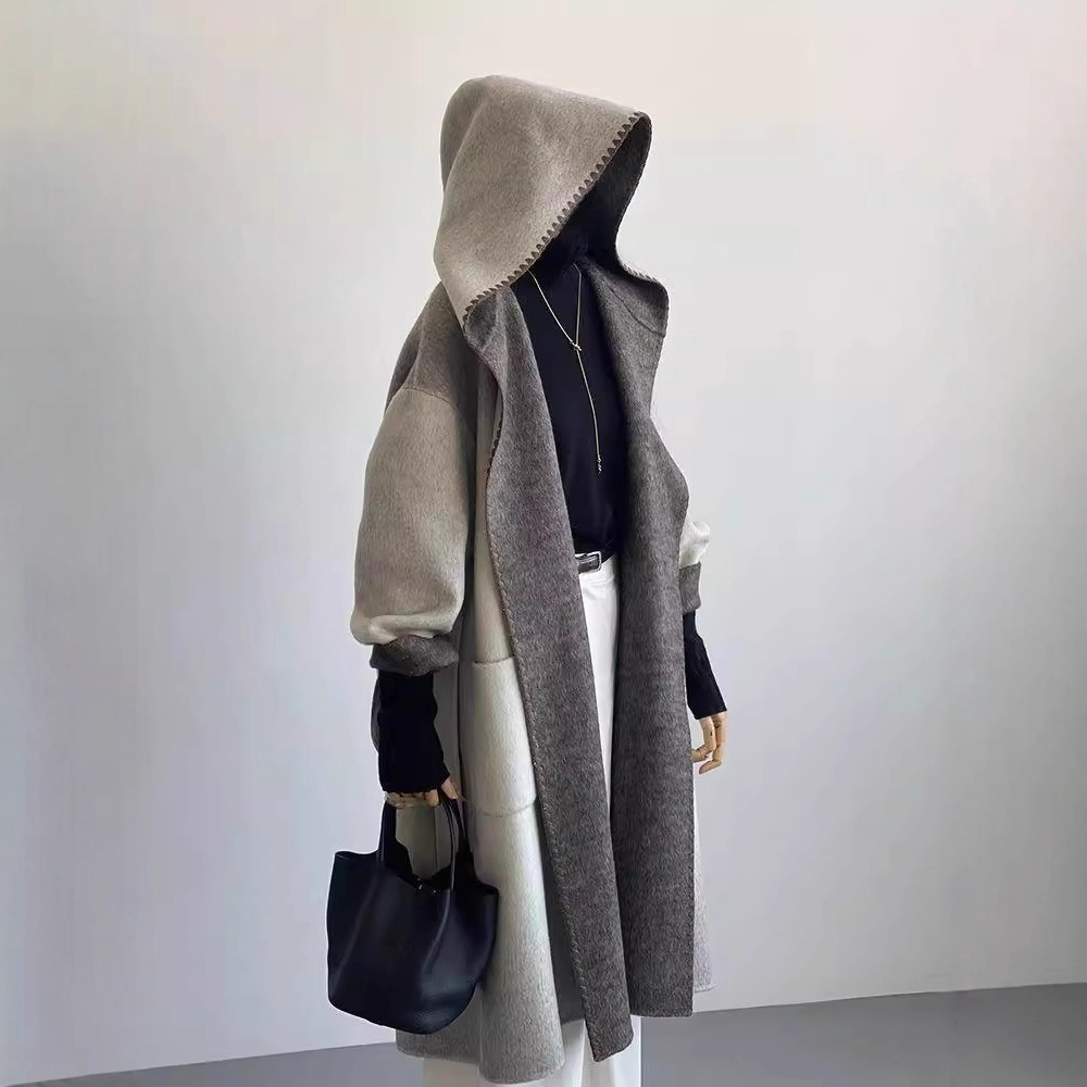 Japanese-Style Light Luxury Designer Double-Sided Cashmere Hooded Coat for Women 2025 Autumn and Winter Gray Gradient Long Coat