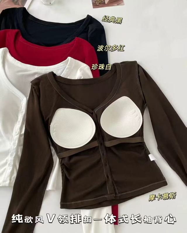 心动韩女 显胸纽扣tee内搭修身打底衫v领长袖上衣（自带胸垫）|undefined