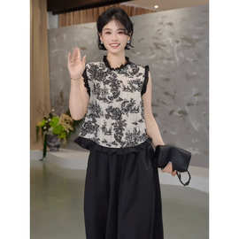复古印花木耳边碎花无袖衬衫女2026夏季新款气质百搭减龄显瘦上衣