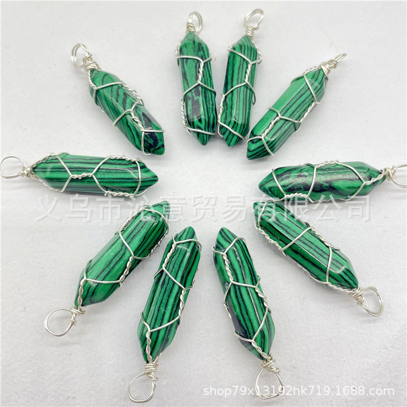 Comercio exterior caliente bobina hexagonal columna colgante collar de cristal natural hecho a mano de plata hilo bala joyería al por mayor